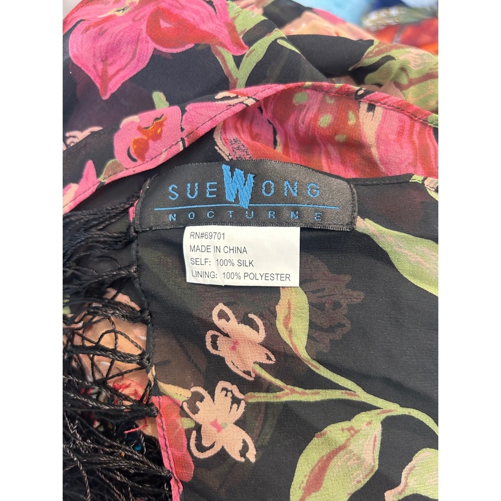 Sue Wong Nocturne 100% Silk Floral Beaded Fringe Scarf Black Pink Wrap Shawl - Picture 5 of 5